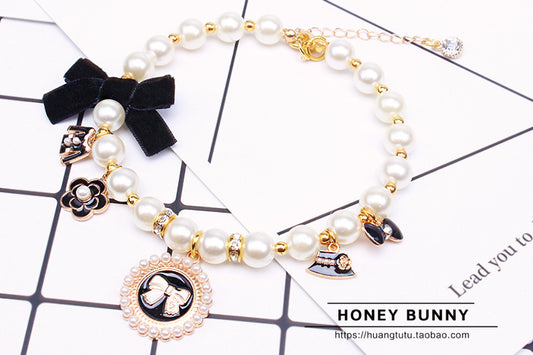Pearl Pet Necklace Teddy Lace Bow