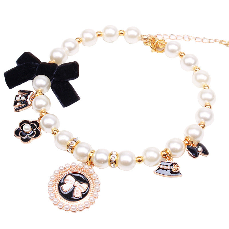 Pearl Pet Necklace Teddy Lace Bow