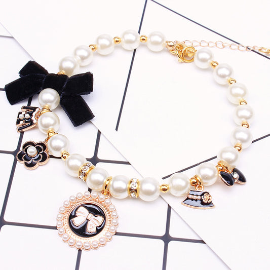 Pearl Pet Necklace Teddy Lace Bow
